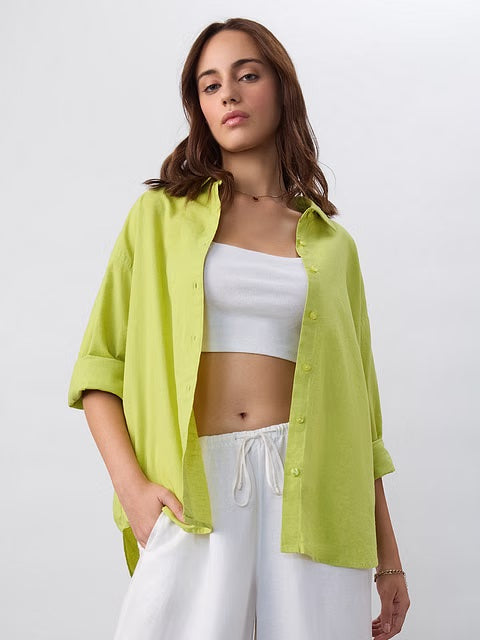 Cotton Linen Canary Green Women Boyfriend Shirts