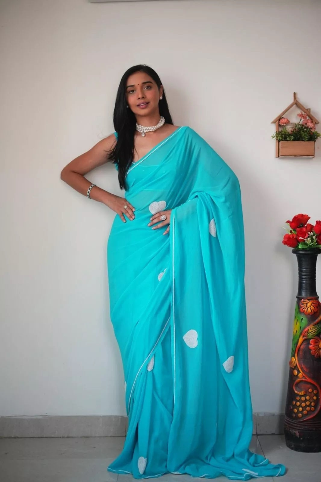 Georgette Embroidery Work Ready To Wear Sari With Blouse