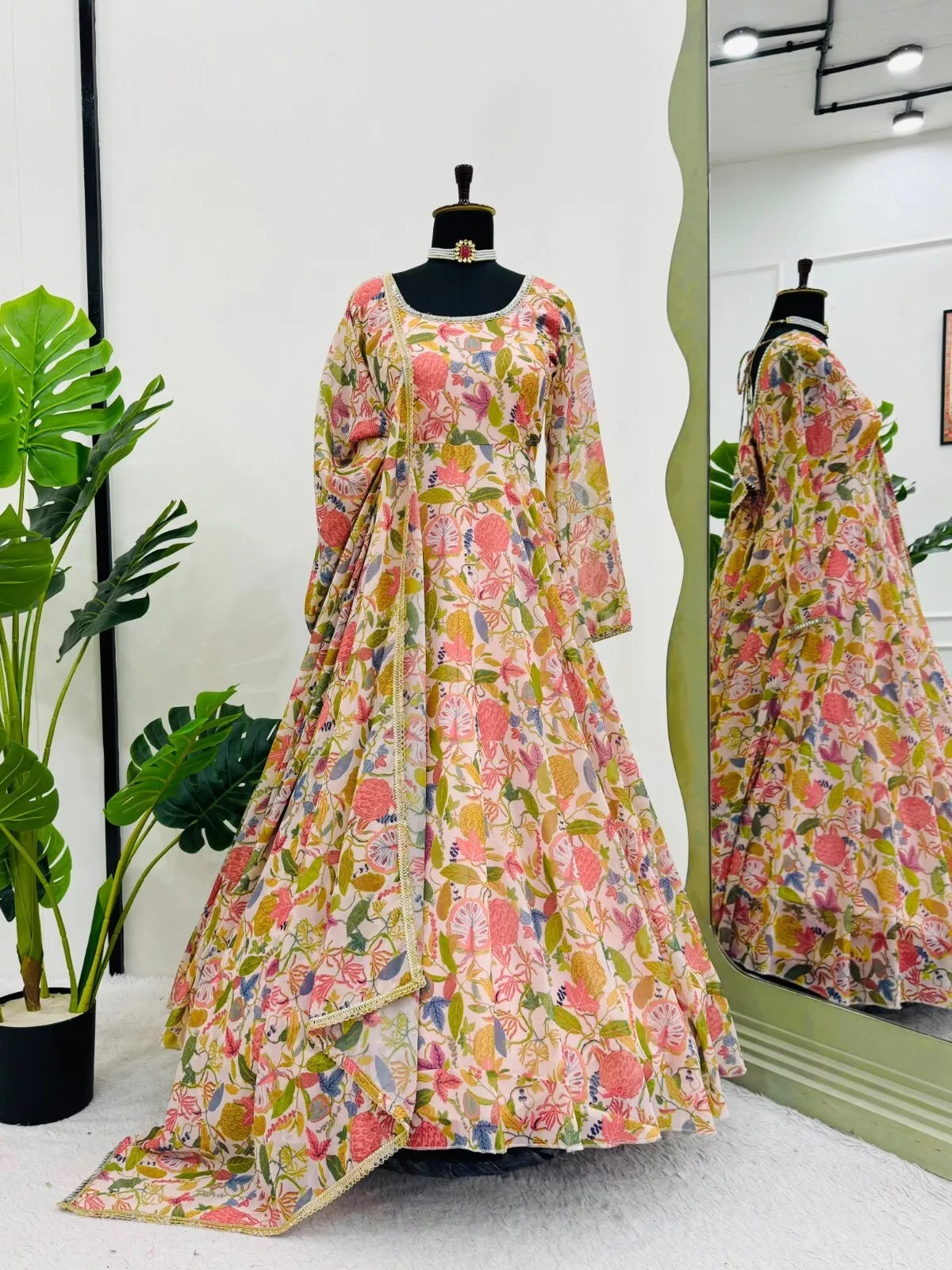 Georgette With Inner Digital Print Mirror Work Anarkali Suit & Dupatta