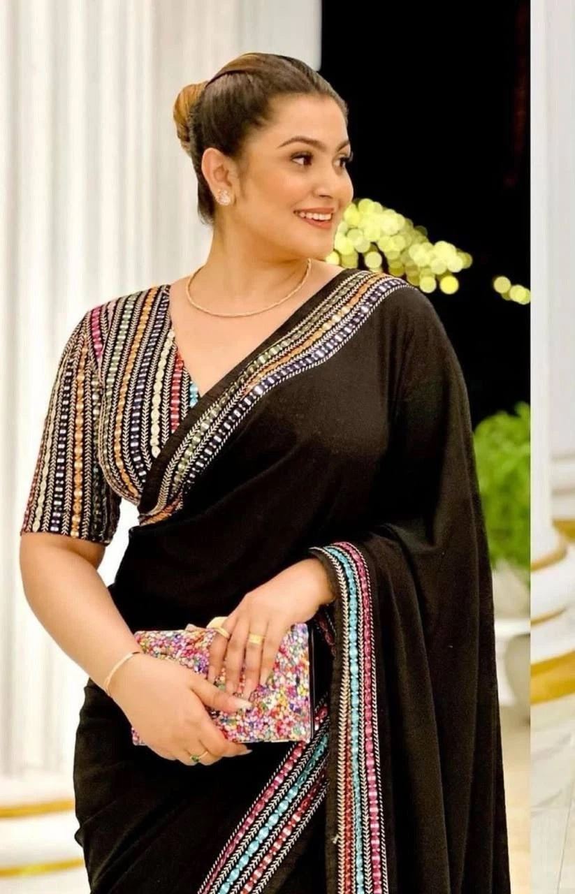 Beautifull Smooth Georgette Black Saree With Blouse For Women's