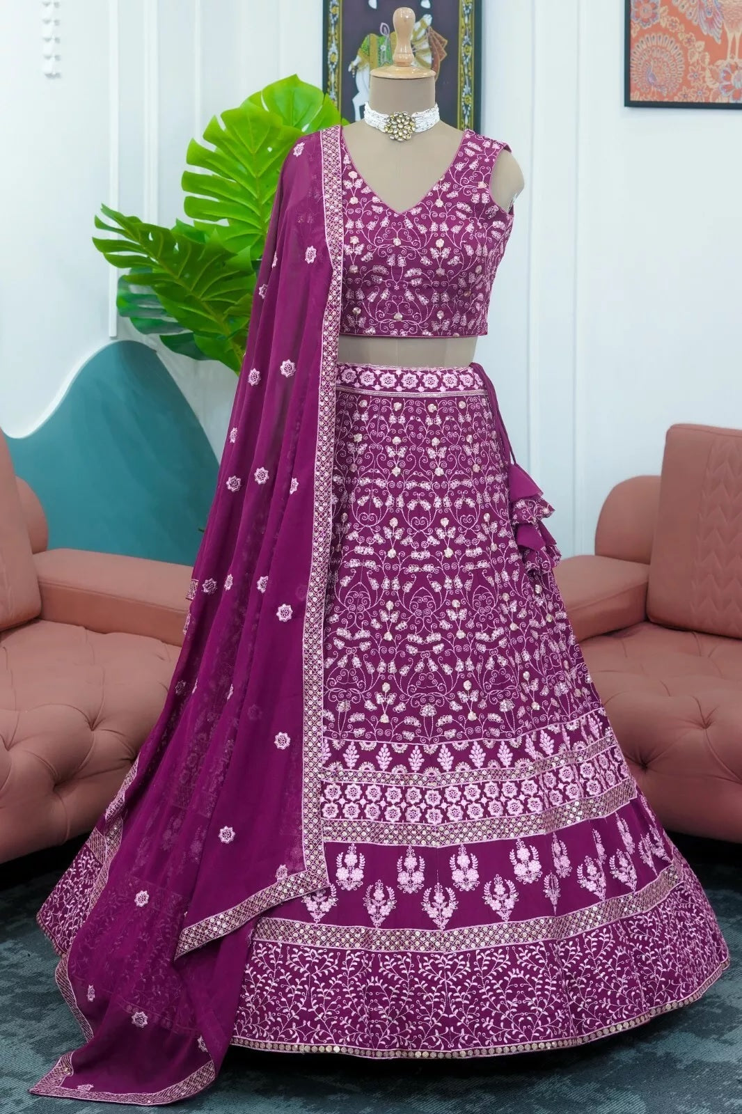 Georgette With Thread Sequence Work Lehenga Blouse & Dupatta