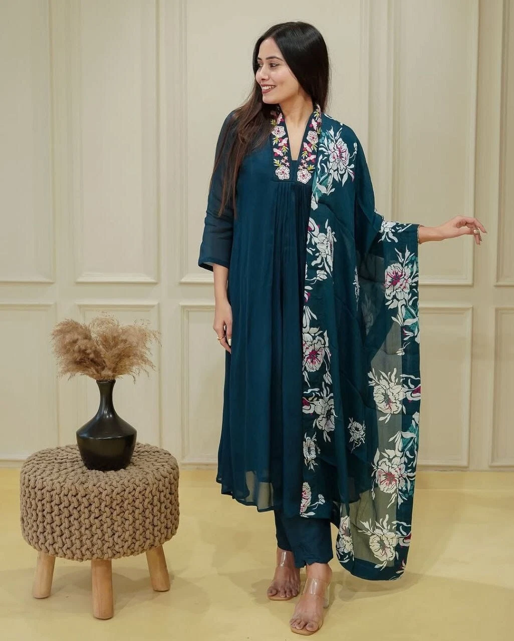 Chinon & Embroidery Work Kurti Bottom With Dupatta Set 12-BS