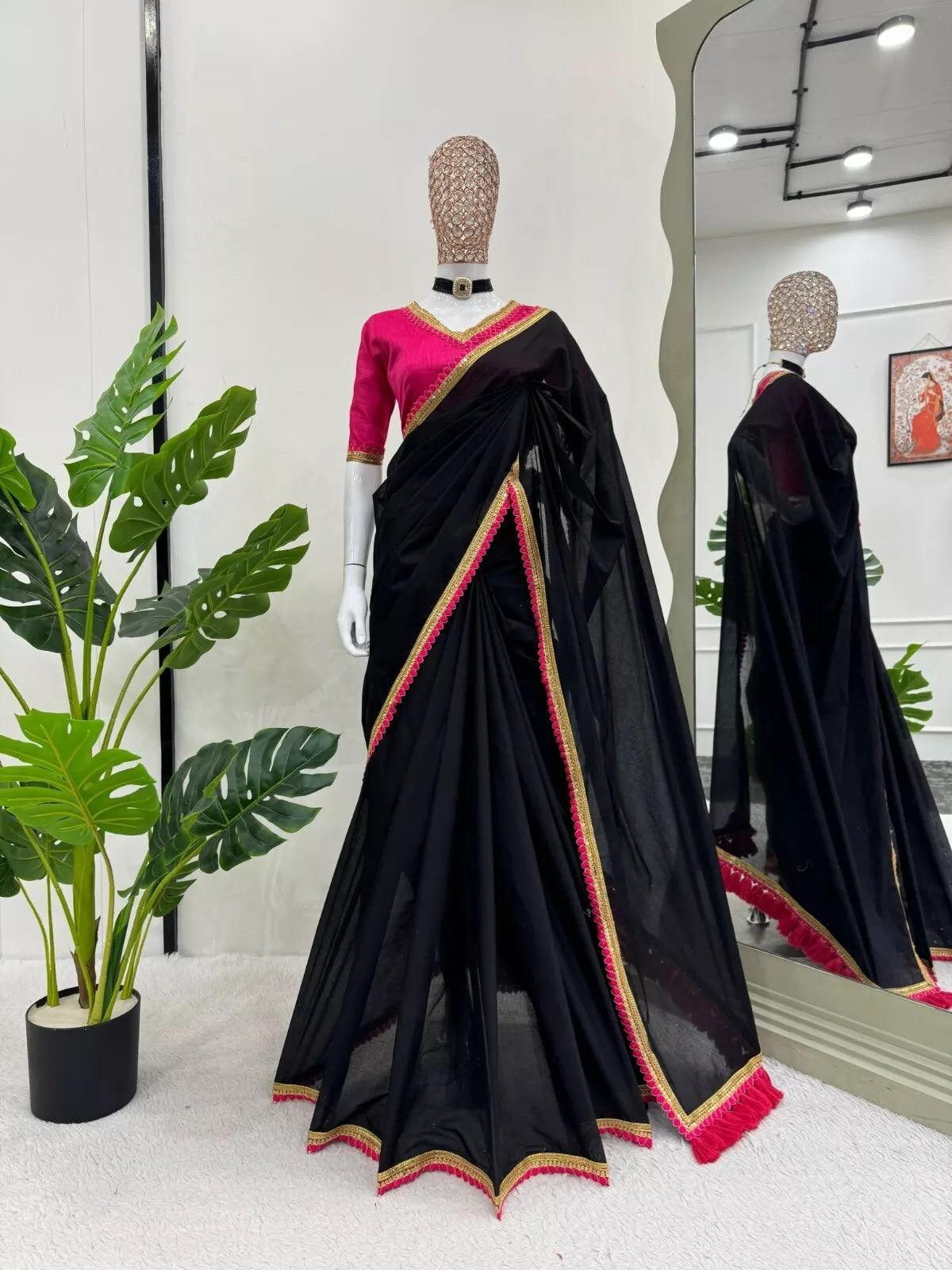 Cotton Saree With Blouse, Wedding Sari With Heavy Latkan On Pallu