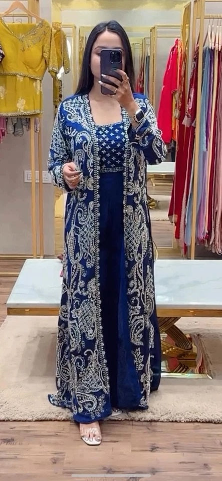 Faux Georgette With Designer Embroidery Work Shrug - Palazzo & Blouse