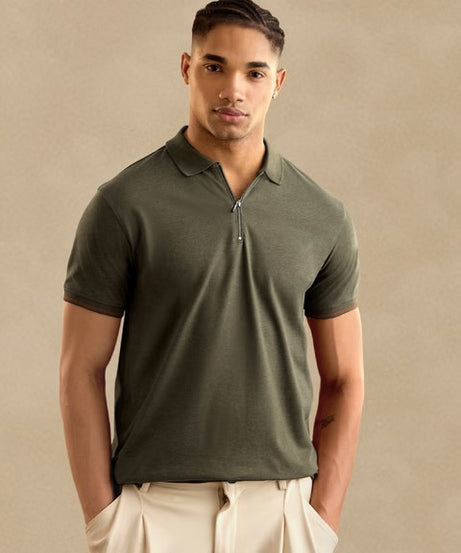 Solids Olive Zipper Polos