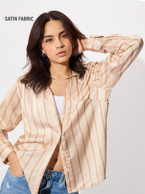 Satin Macadamia Stripes Women Shirts