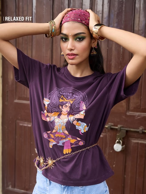 Desi Rebel Hustle Nari Women Relaxed Fit T-Shirts