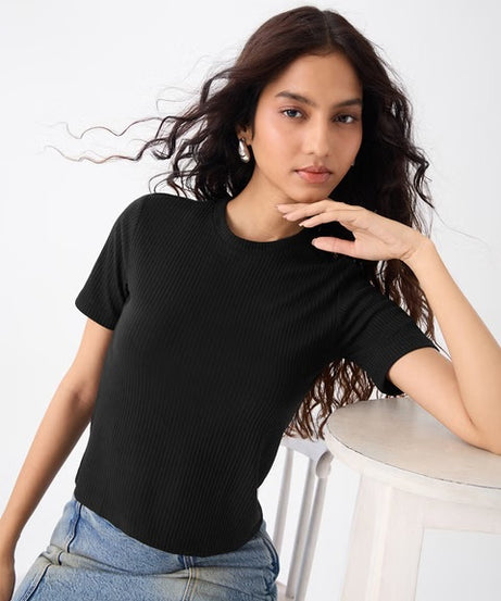 Ribbed  Black Women T-Shirts