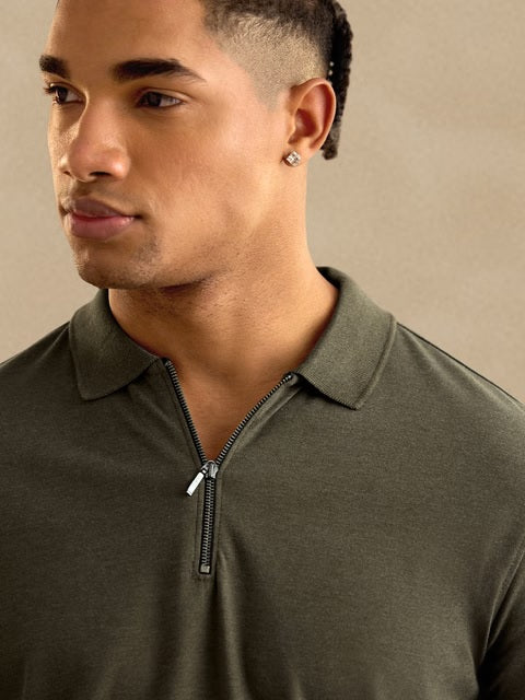 Solids Olive Zipper Polos