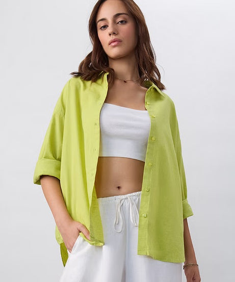 Cotton Linen Canary Green Women Boyfriend Shirts