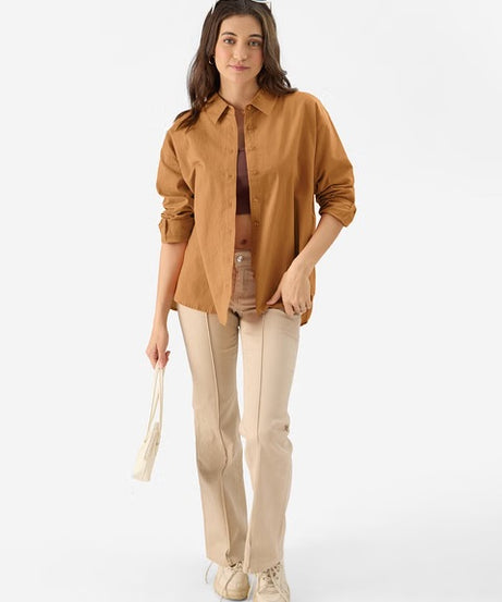 Cotton Linen Earthy Rust Women Boyfriend Shirts