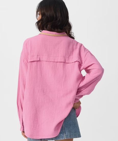 Textured Flamingo Pink Women Boyfriend Shirts