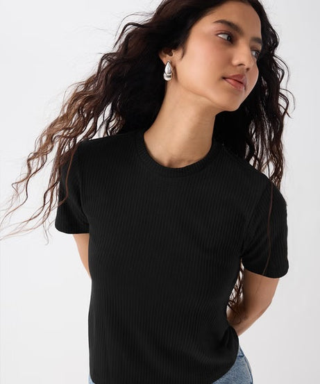 Ribbed  Black Women T-Shirts