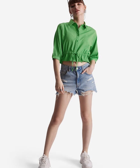 Textured Top Groovy Green Women Cropped Shirts