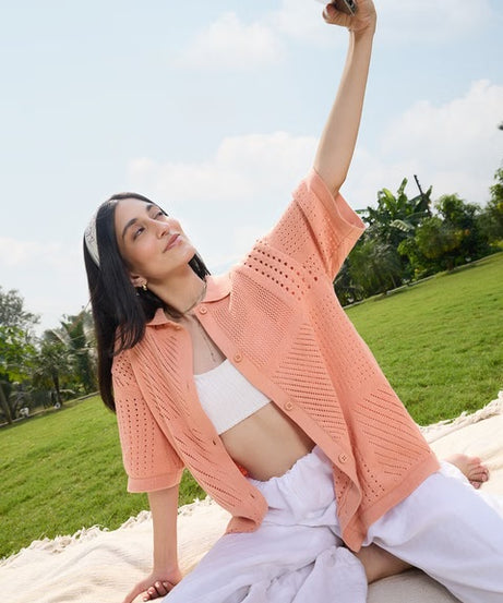Open Knit Peach Women Boyfriend Shirts
