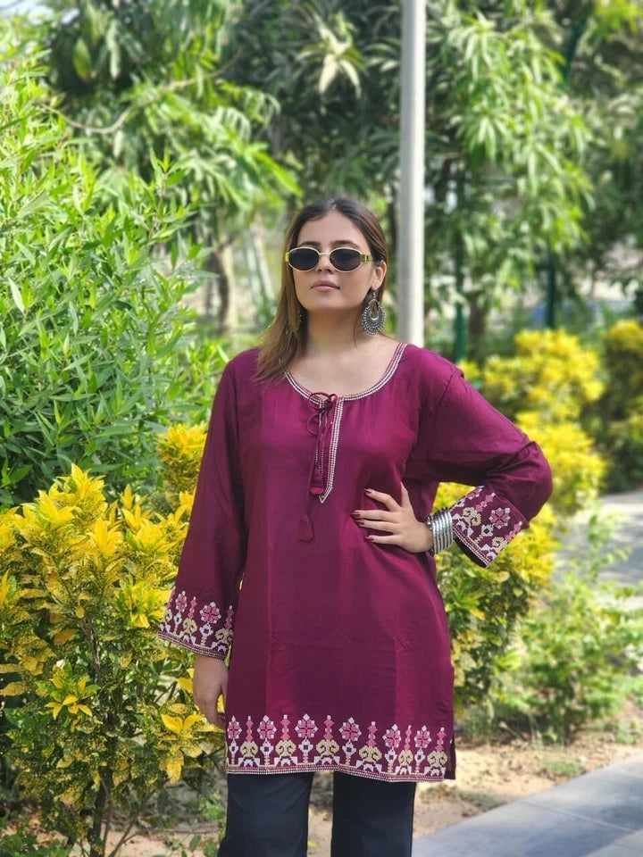 Short Stylish Heavy Rayon With Embroidery Work Printed Kurti