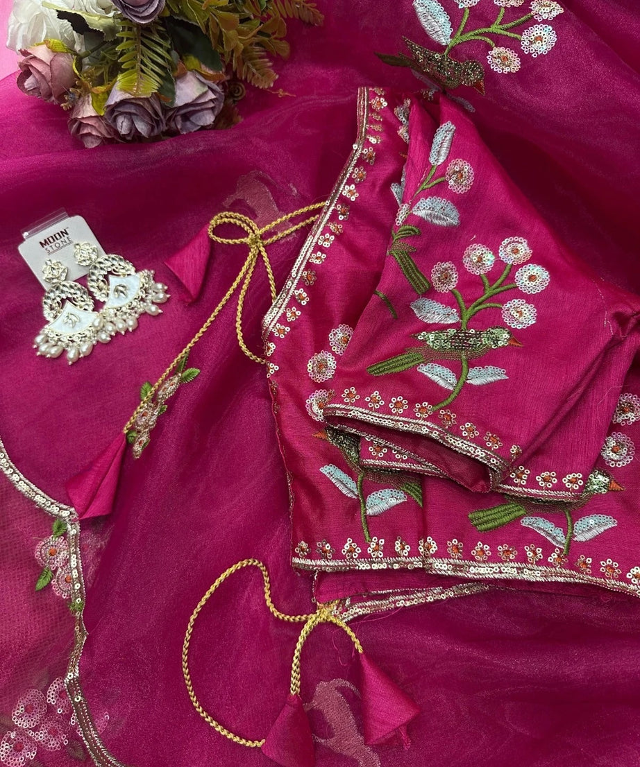 Soft Organza Saree With Embroidery Sequence Work Sari With Blouse