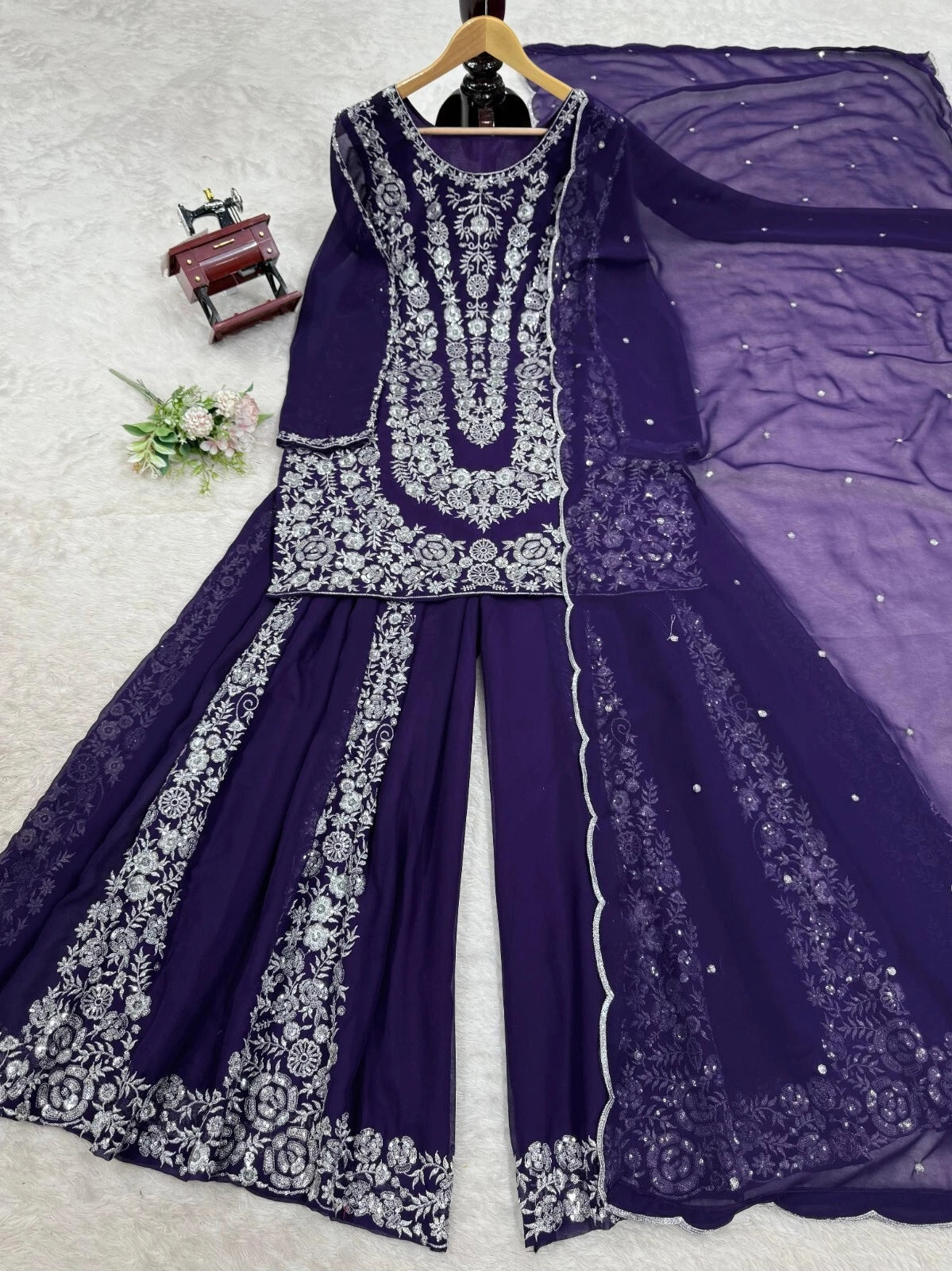 Full Stitched Faux Georgette Top Palazzo Dupatta