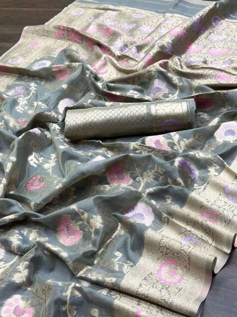Soft Organza Jacquard Saree,Function Wedding Sari With Blouse