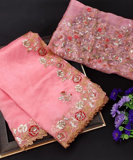 Organza Silk,Sequince & Zari Thread Designer Party Wear Saree & Blouse 11-RV