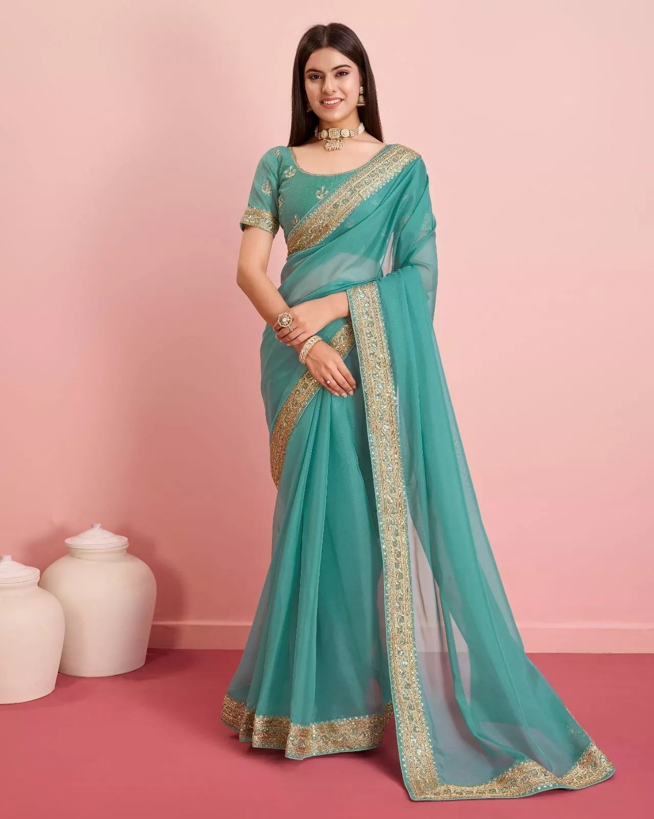 Tabby Silk Organza With Embroidery Lace Work Sari &  Blouse