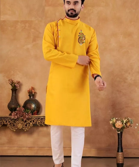 Men's Slub Cotton Kurta Pajama Set, Traditional Wedding Wear Long Kurta Set