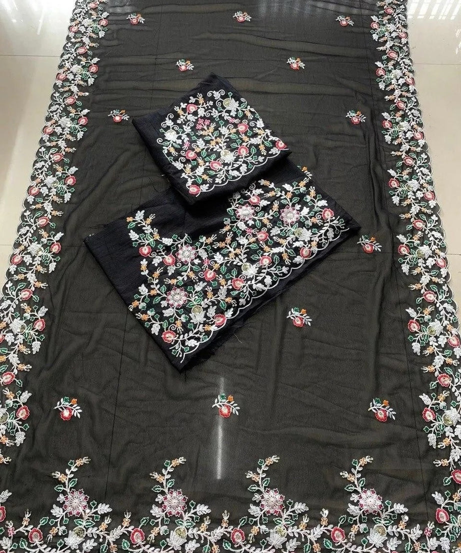 Georgette Embroidery Work Saree With Blouse,Party Wear Designer Saree