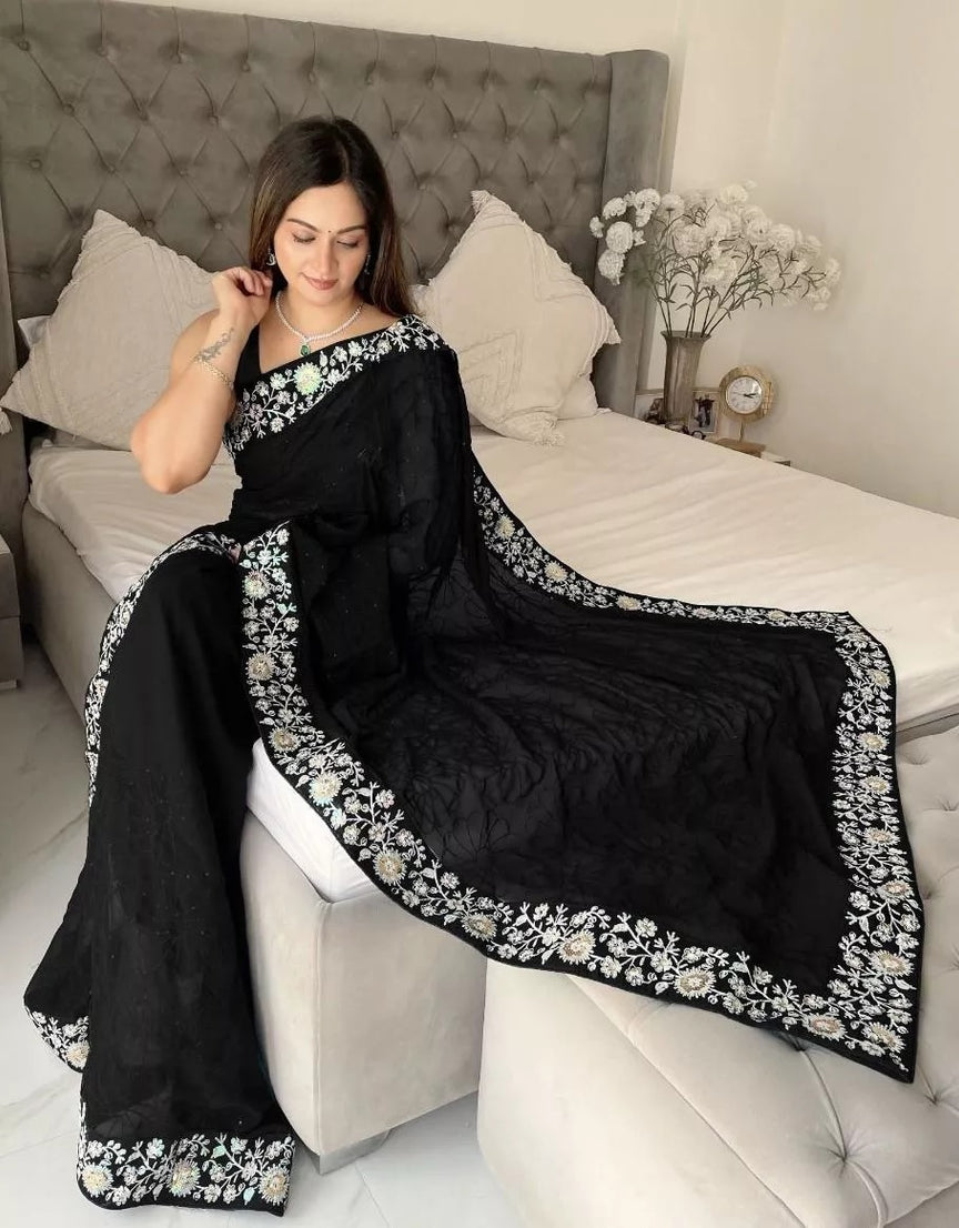 Party Wear Faux Georgette Saree, Indian Wedding Sari With Blouse