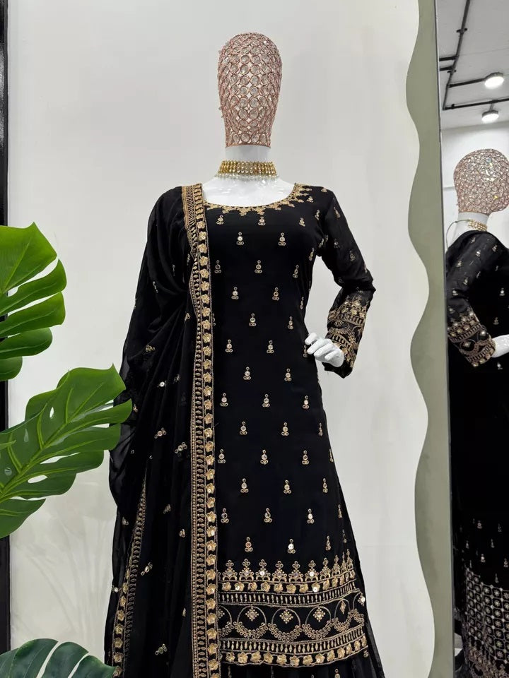 Faux Georgette With Thread & 9MM Sequence Work Top Palazzo & Duppata