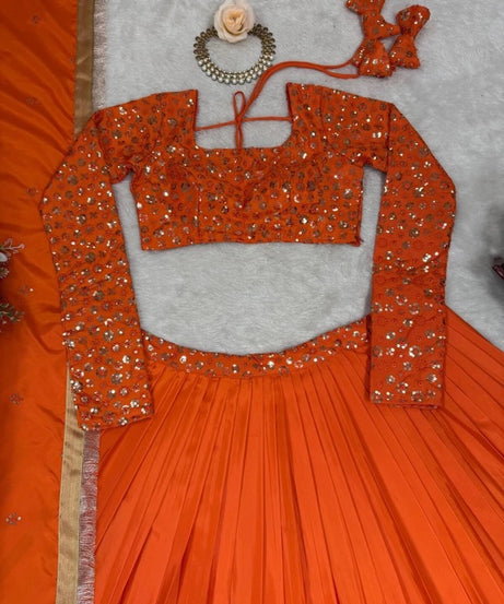 Orange Bollywood Wedding American Silk Lehenga Blouse & Dupatta 15-RTC