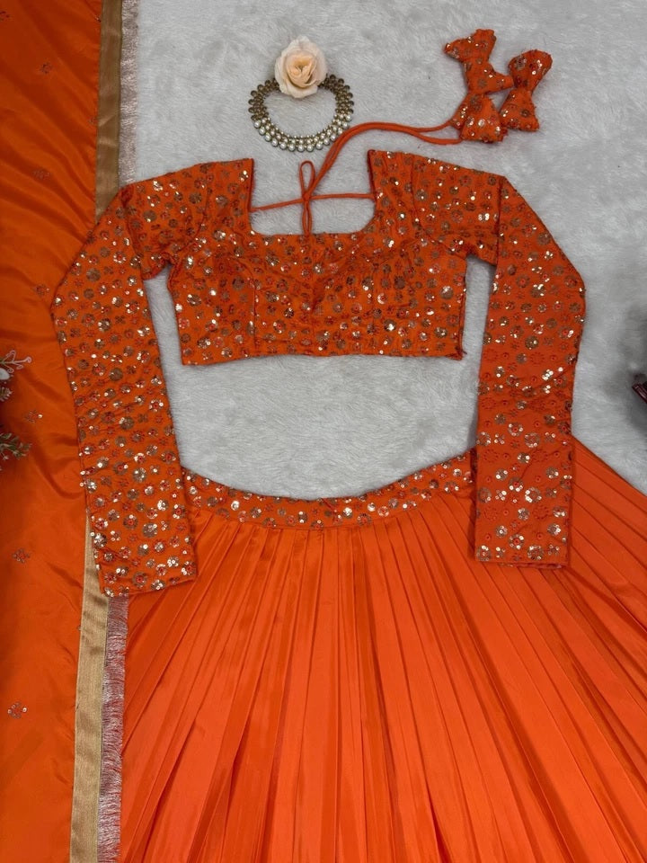 Orange Bollywood Wedding American Silk Lehenga Blouse & Dupatta 15-RTC