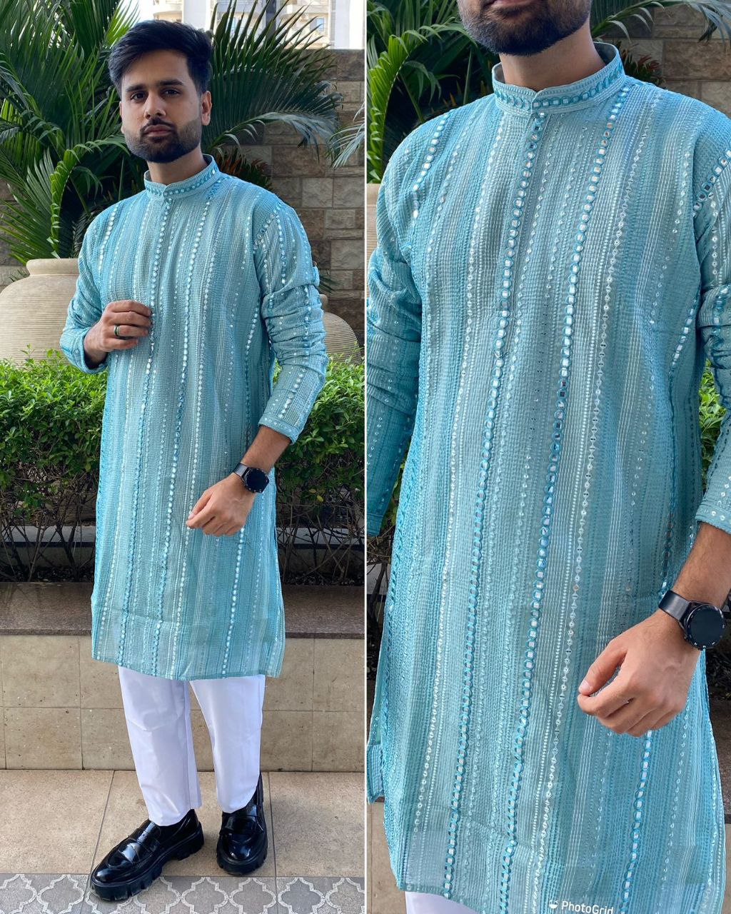 Men\s Heavy Georgette With Heavy Embroidery Work Kurta Pajama Set