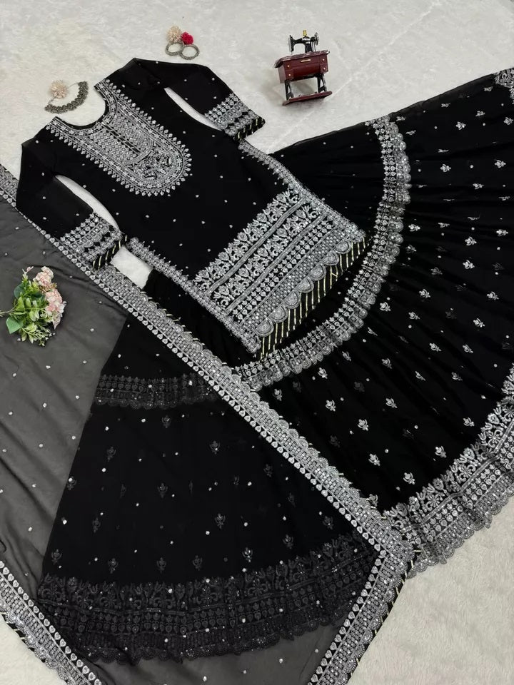 Bollywood Style Faux Georgette Top Sharara With Dupatta