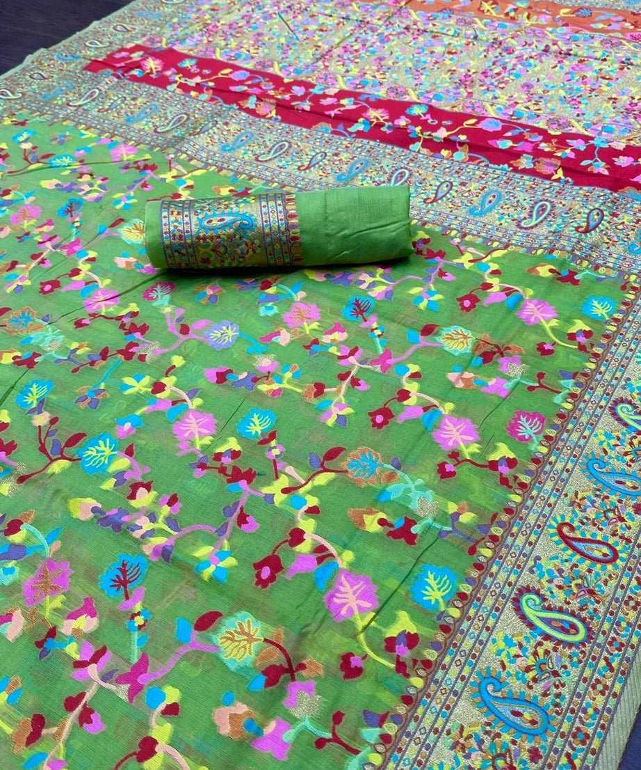 Kashmiri Silk Weaving Multiple Color Printed Sari & Blouse