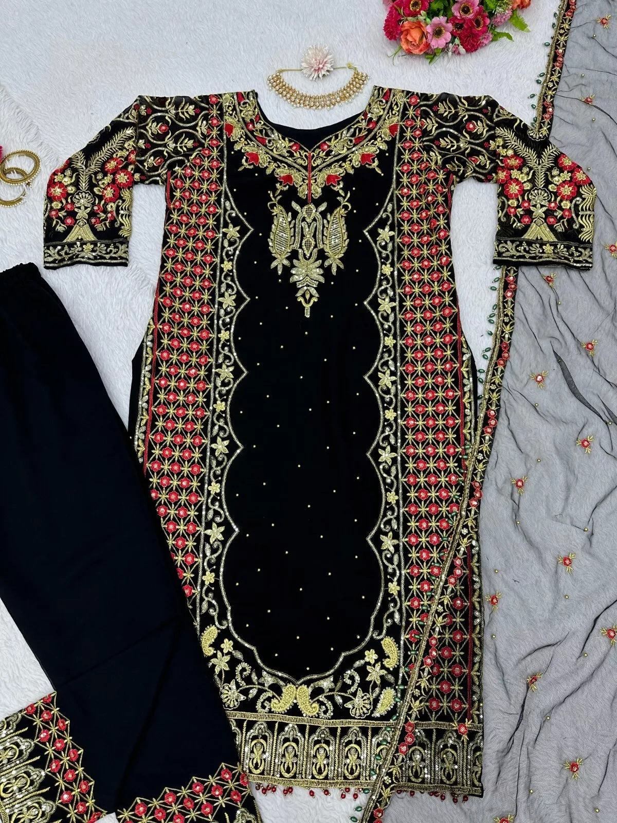 Faux Georgette Indian Ethnic Top Pant & Dupatta Set