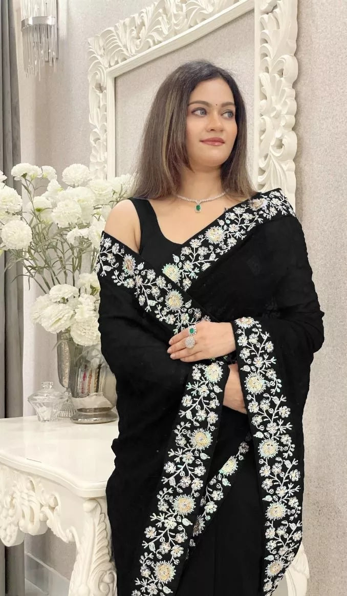 Party Wear Faux Georgette Saree, Indian Wedding Sari With Blouse