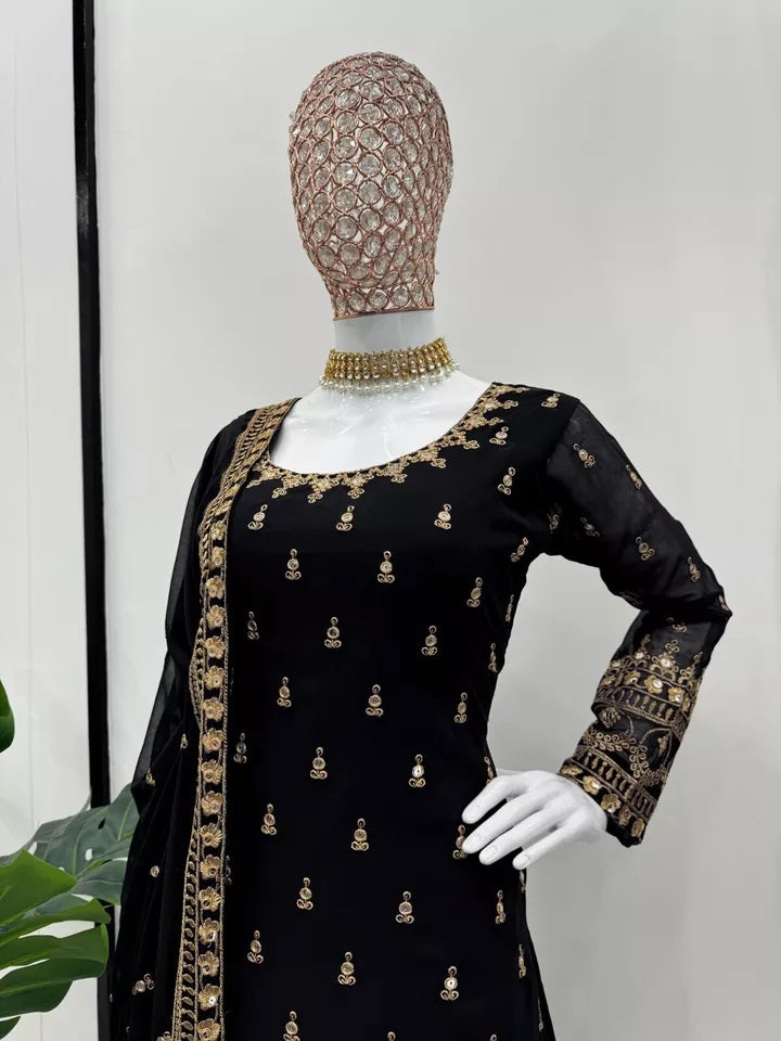 Faux Georgette With Thread & 9MM Sequence Work Top Palazzo & Duppata