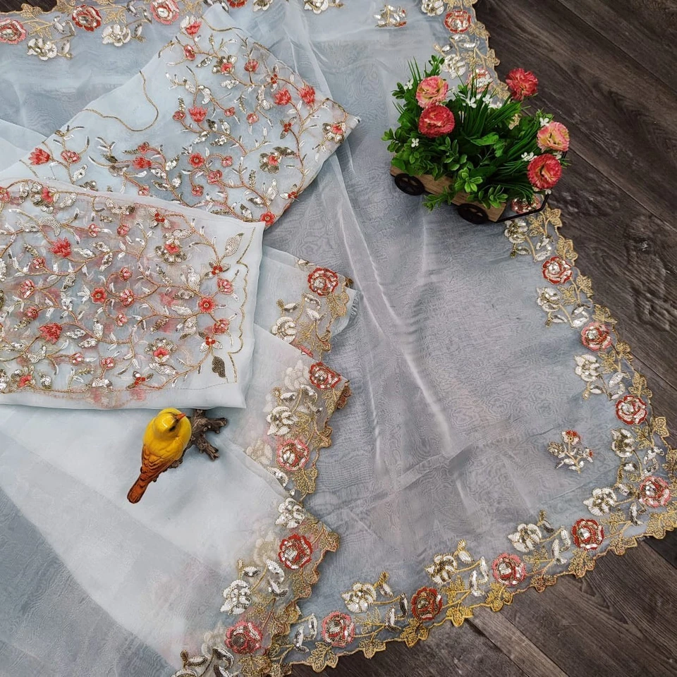 Organza Silk,Sequince & Zari Thread Designer Party Wear Saree & Blouse 11-RV