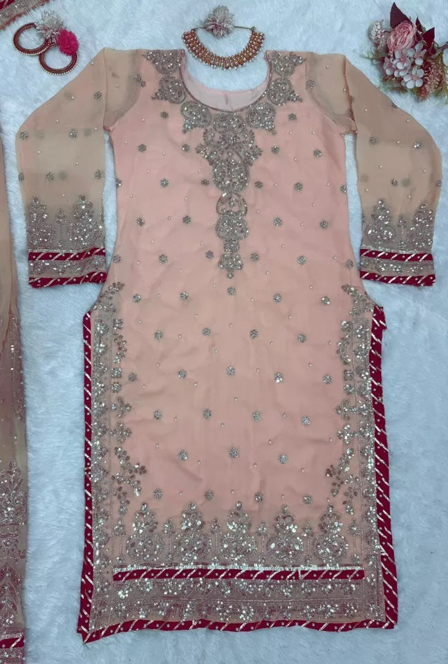 Indian Wedding Special Ethnic Stitched Faux Georgette Top Sharara Dupatta