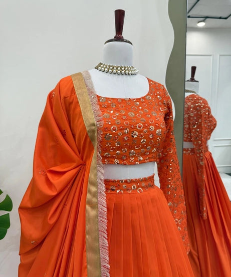 Orange Bollywood Wedding American Silk Lehenga Blouse & Dupatta 15-RTC