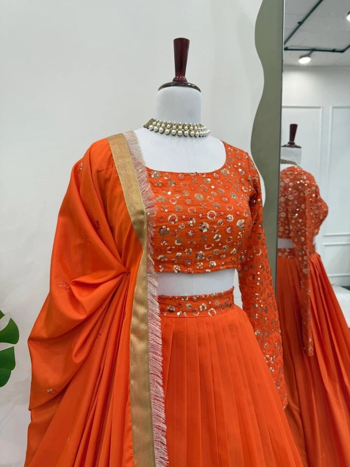 Orange Bollywood Wedding American Silk Lehenga Blouse & Dupatta 15-RTC
