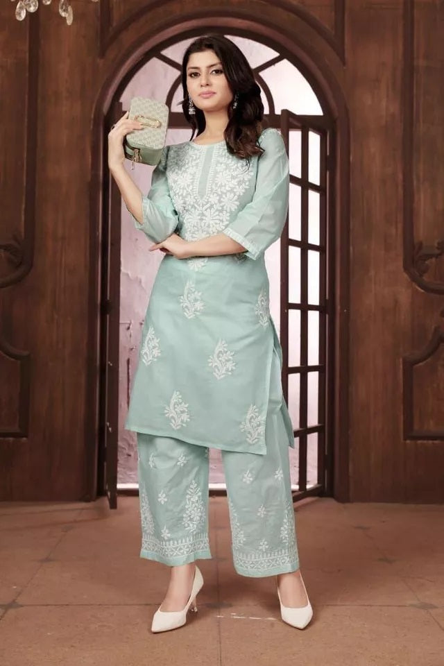 Heavy Cotton With Chikankari Embroidery Work Kurti Pant
