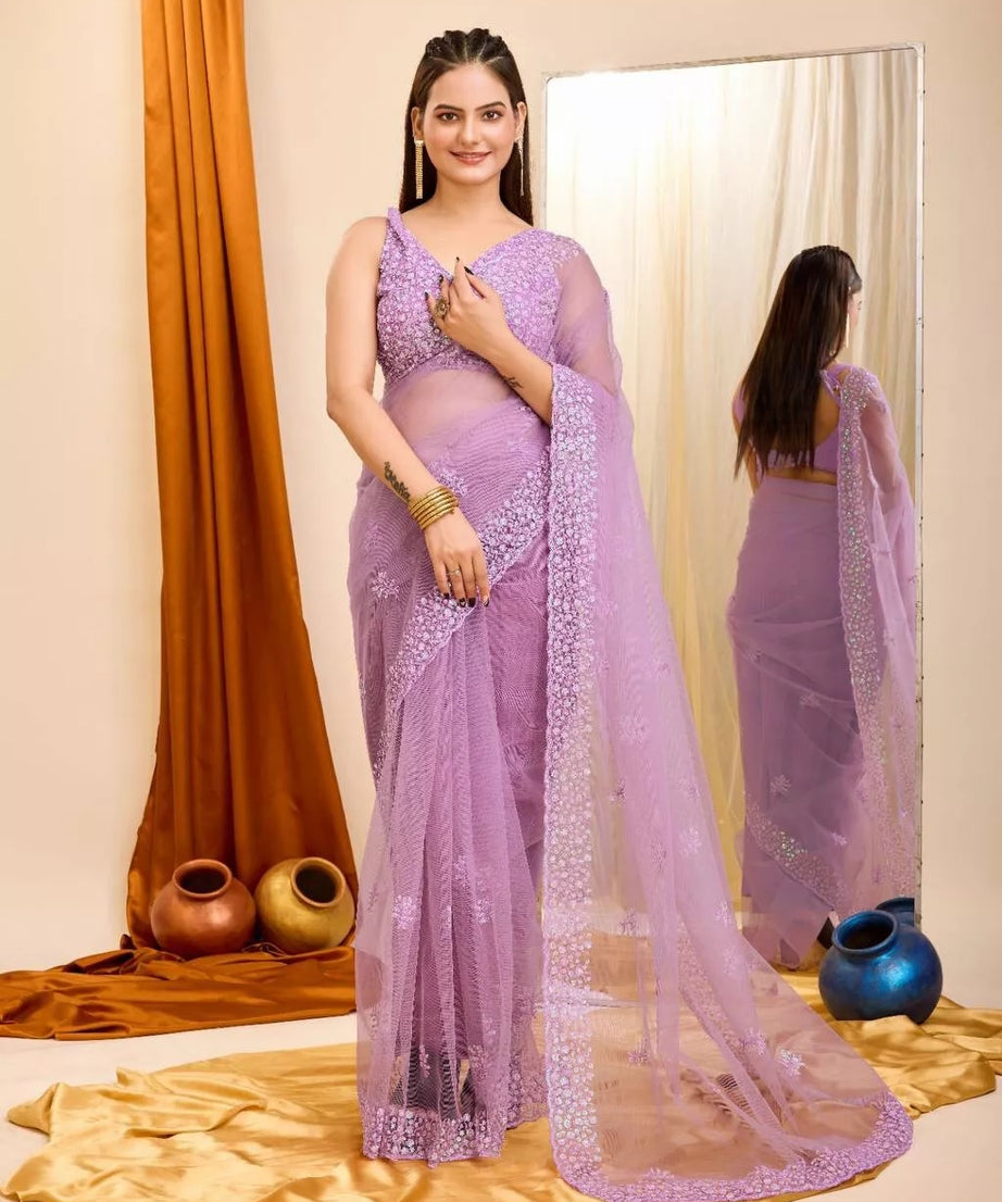 Soft Net  3MM Sequence Embroidery Work Saree & Blouse