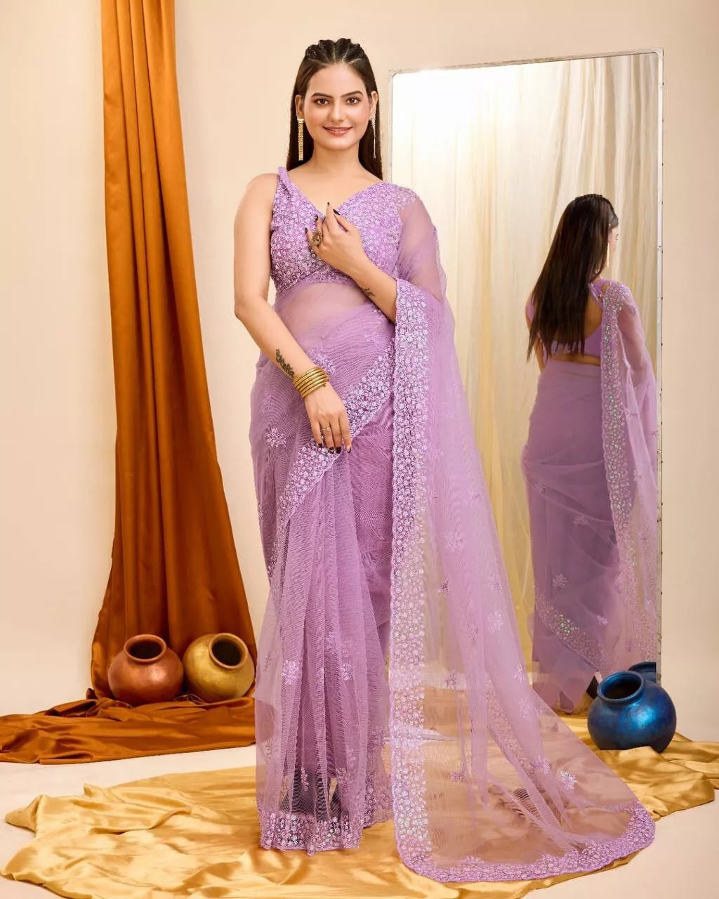 Soft Net  3MM Sequence Embroidery Work Saree & Blouse