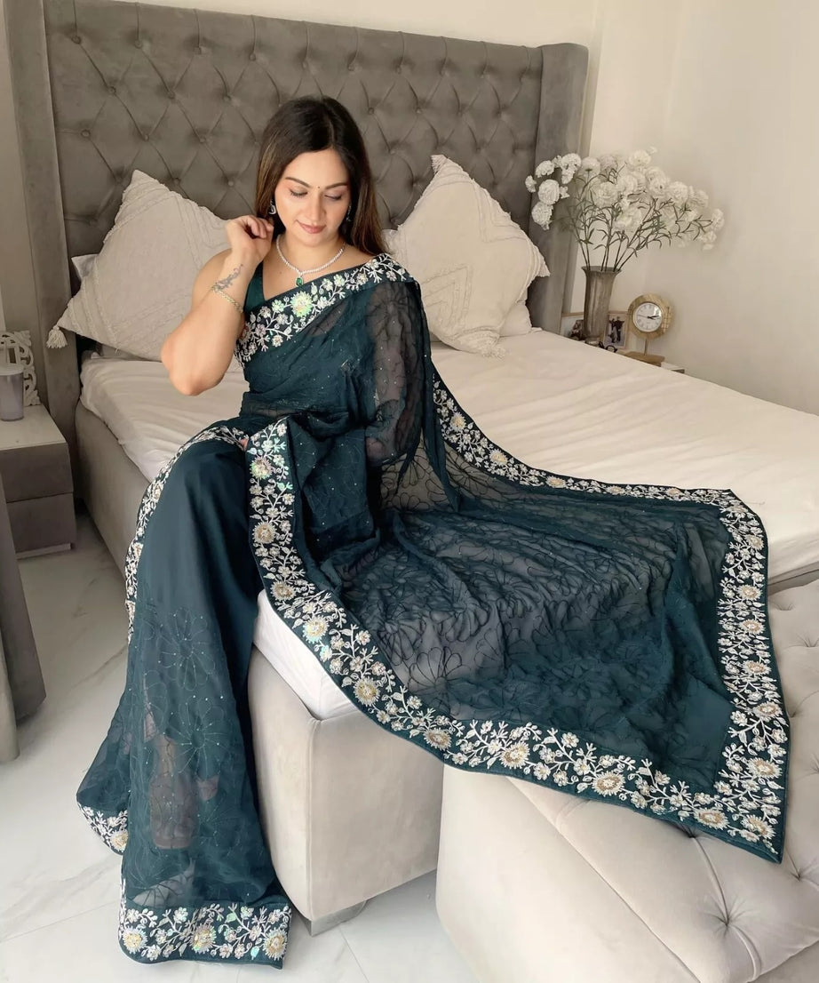 Party Wear Faux Georgette Saree, Indian Wedding Sari With Blouse