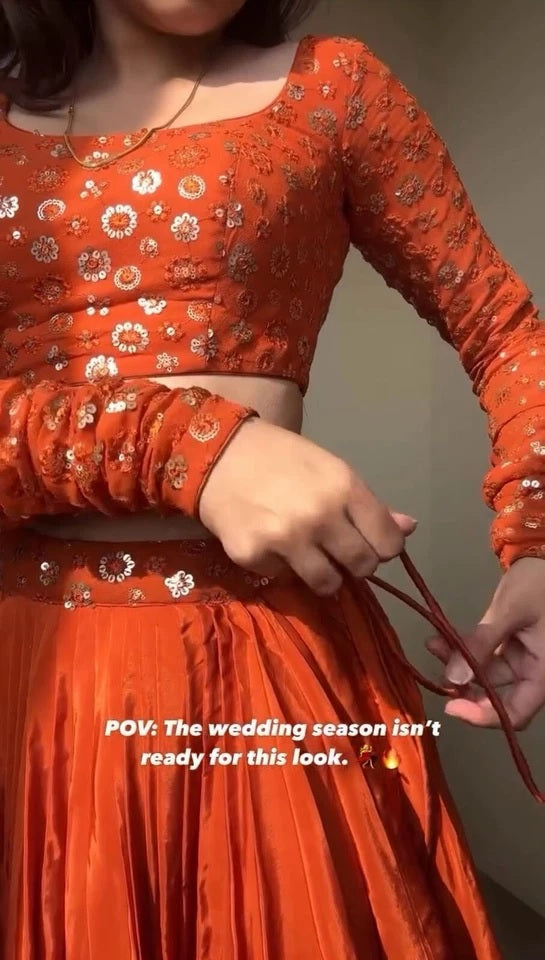 Orange Bollywood Wedding American Silk Lehenga Blouse & Dupatta 15-RTC