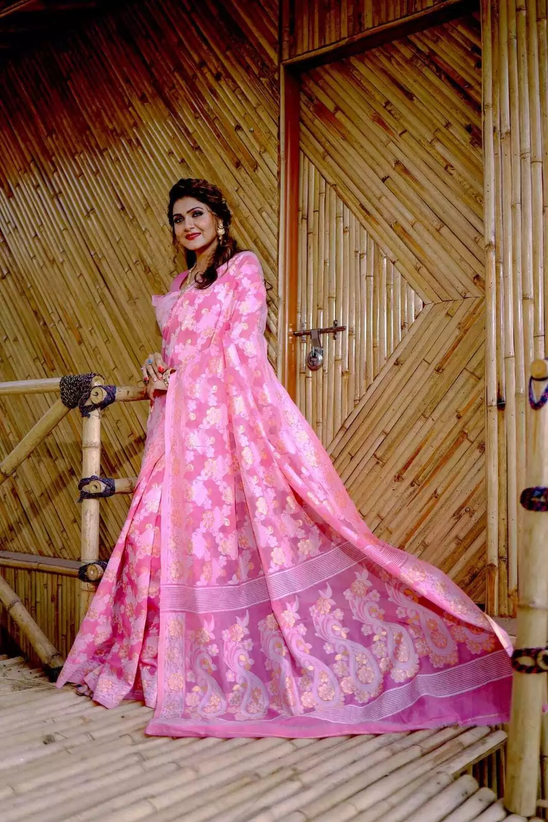 Soft Cotton Jamdani With Gold Zari Weaving Work  Sari & Blouse