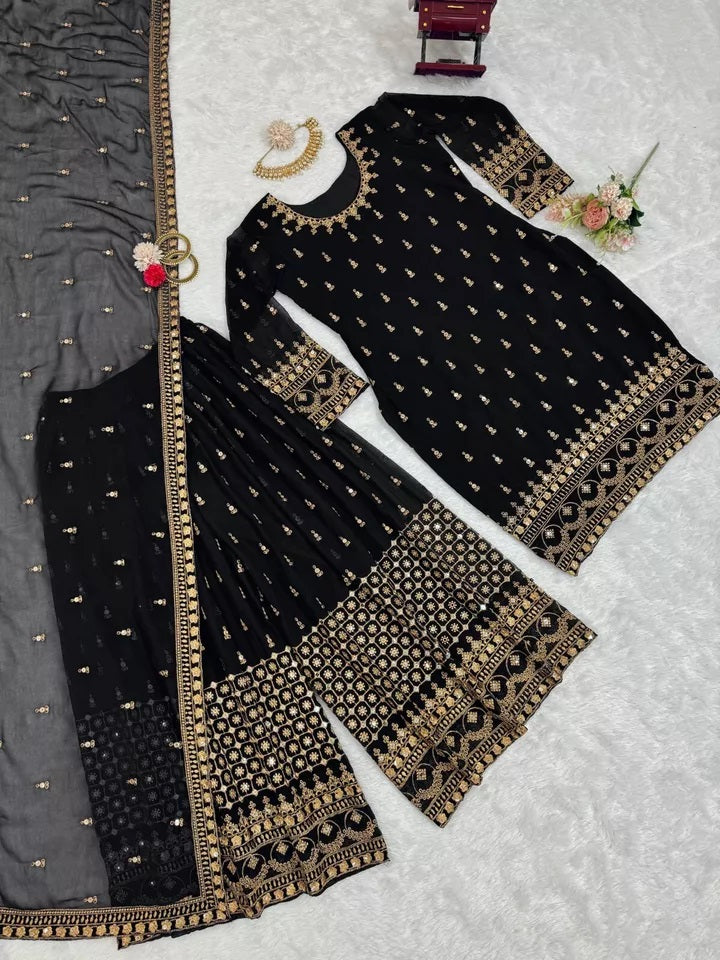 Faux Georgette With Thread & 9MM Sequence Work Top Palazzo & Duppata