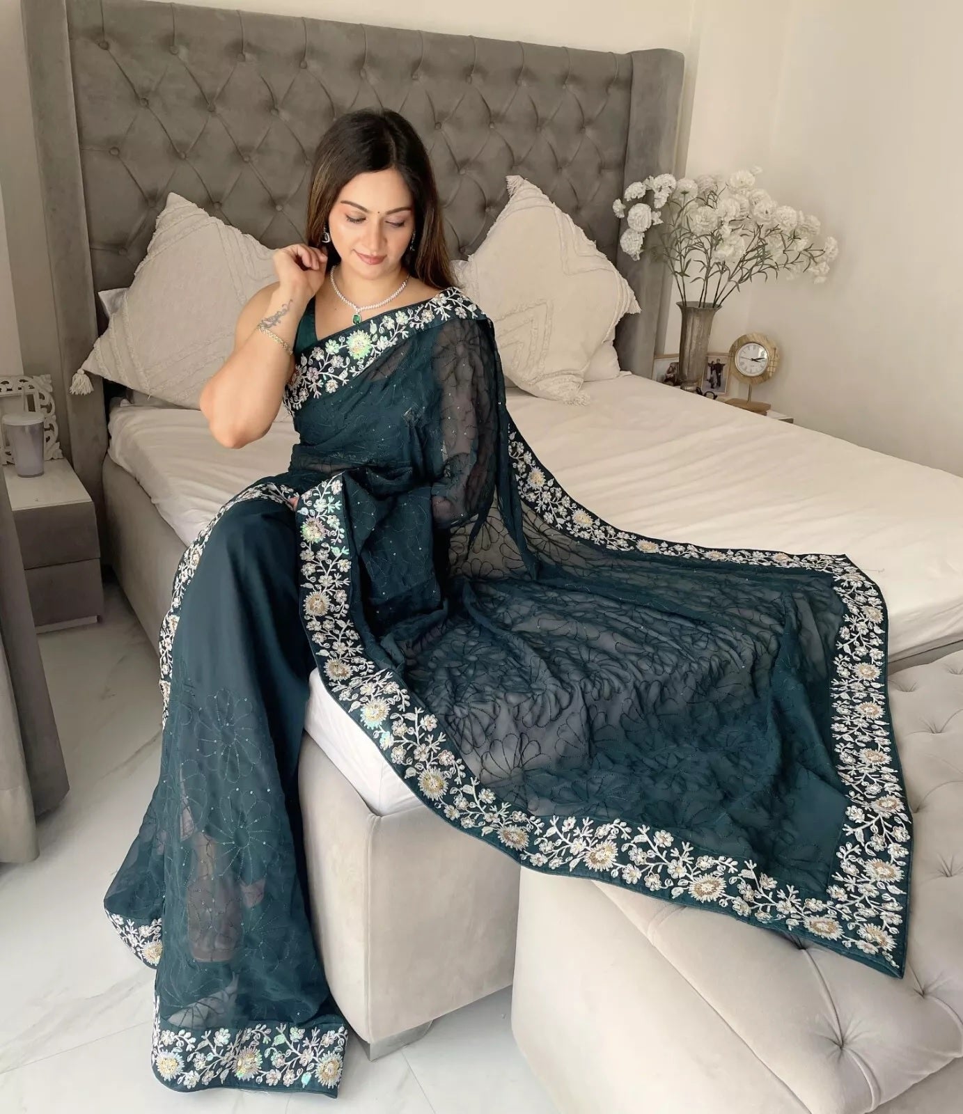 Georgette With Designer Floral Embroidery Work Sari & Blouse