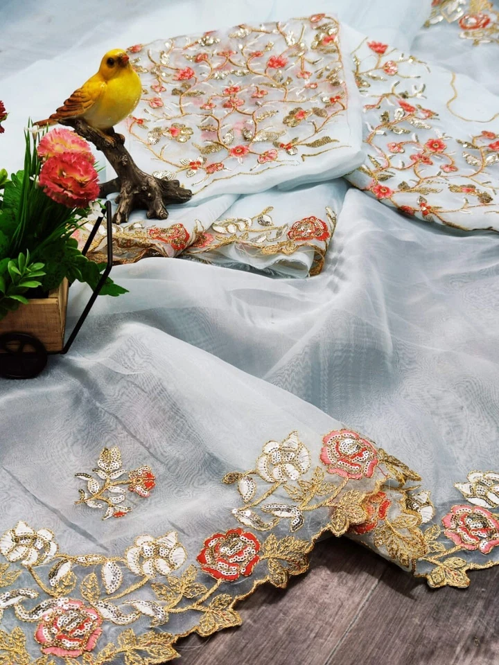 Organza Silk,Sequince & Zari Thread Designer Party Wear Saree & Blouse 11-RV